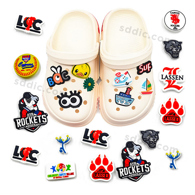 Bulk Custom Logo 2D Die Cut PVC Croc Jibbitz Slide Sandal Shoe Charms